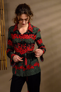 Chemisier long en soie rouge & vert