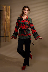 Chemisier long en soie rouge & vert