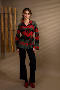 Chemisier long en soie rouge & vert