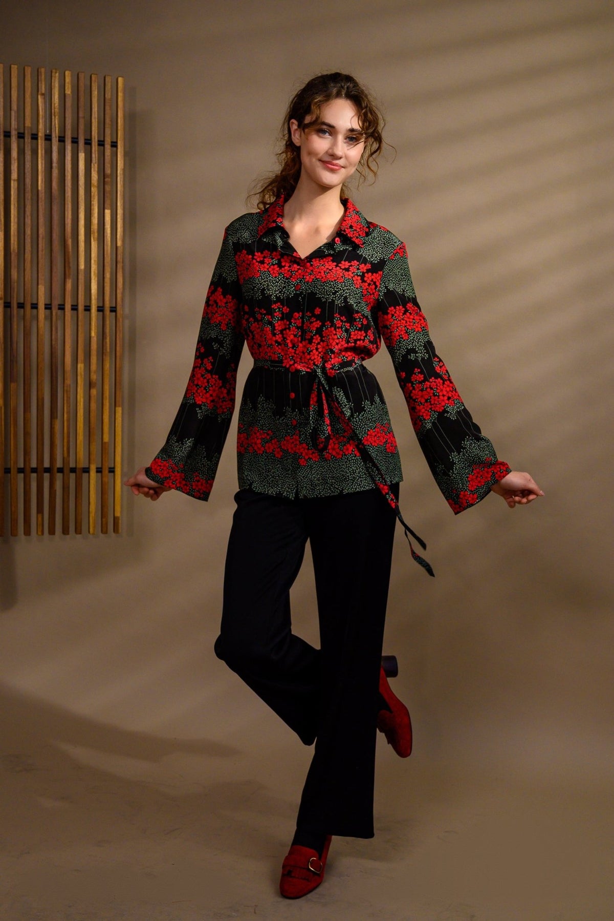 Chemisier long en soie rouge & vert - Atelier Boutique Isabelle Elie